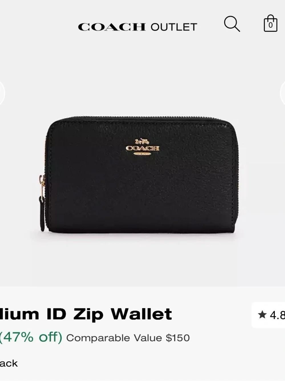Coach Black Leather Zip ID Card Holder with Gold Hardware